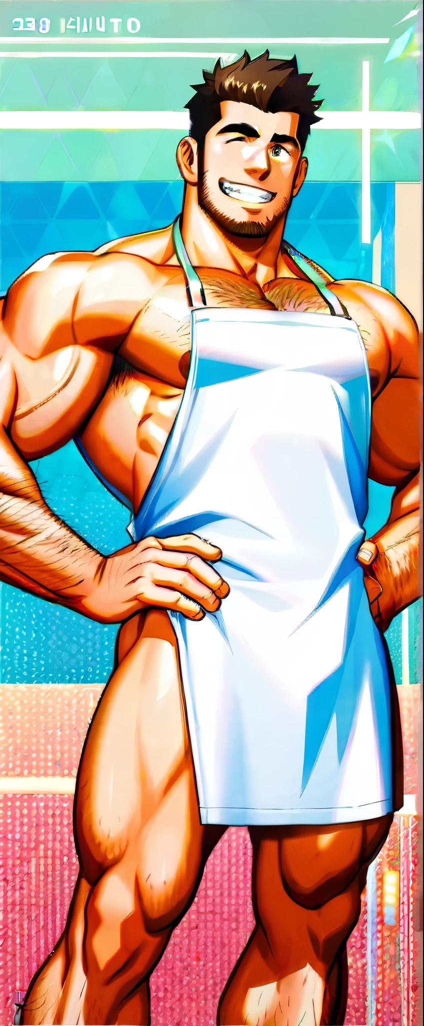 zeke_hunter, looking at the viewer ,smile, male focus,apron,muscle shirt, pectoral muscles,muscle shirt male,only,yaoi, hands on his hips ,naked apron,hairy armpits,bulto,  (8K, raw photo, Extremely high quality), (((elegant:1.4))),  The best quality, official art, Extremely detailed CG Unity 8K wallpapers, bulto,