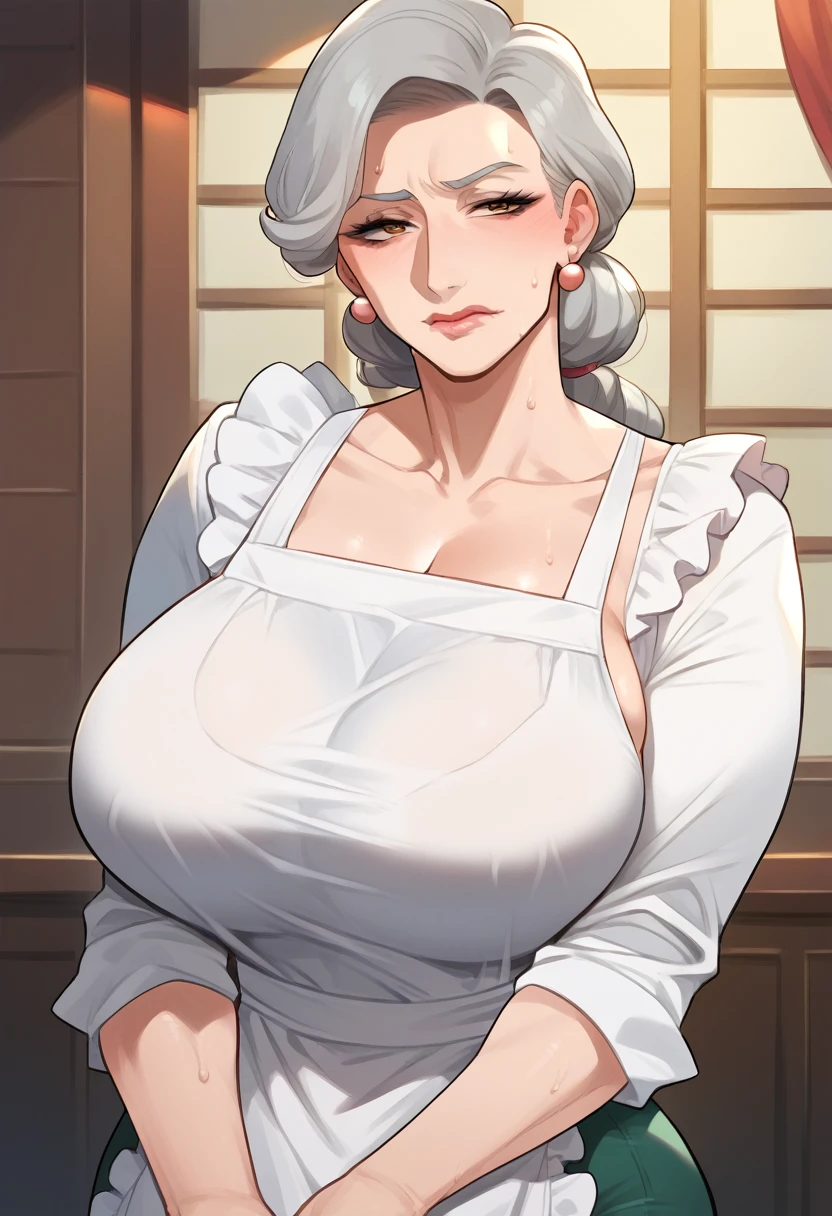 Hyper realistic, grandmother, gilf, mature female, perfect face, perfect lighting, Gray Hair、Long Hair、sexy lips, sexy female, closed mouth, large breasts, sweat,Stand upright、mature female,((Tシャツ、デニム長ズボン、青いapron))