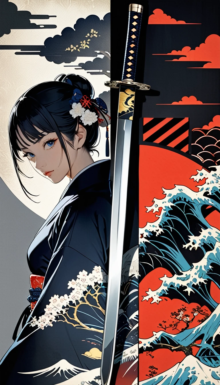 Japanese sword, smooth shiny silver plated brilliant mirror finish, glossy lacquered sheath, double exposure effects, jet black ukiyo-e background cut diagonally in half, professional lighting, contrasts of light and shadow, best quality