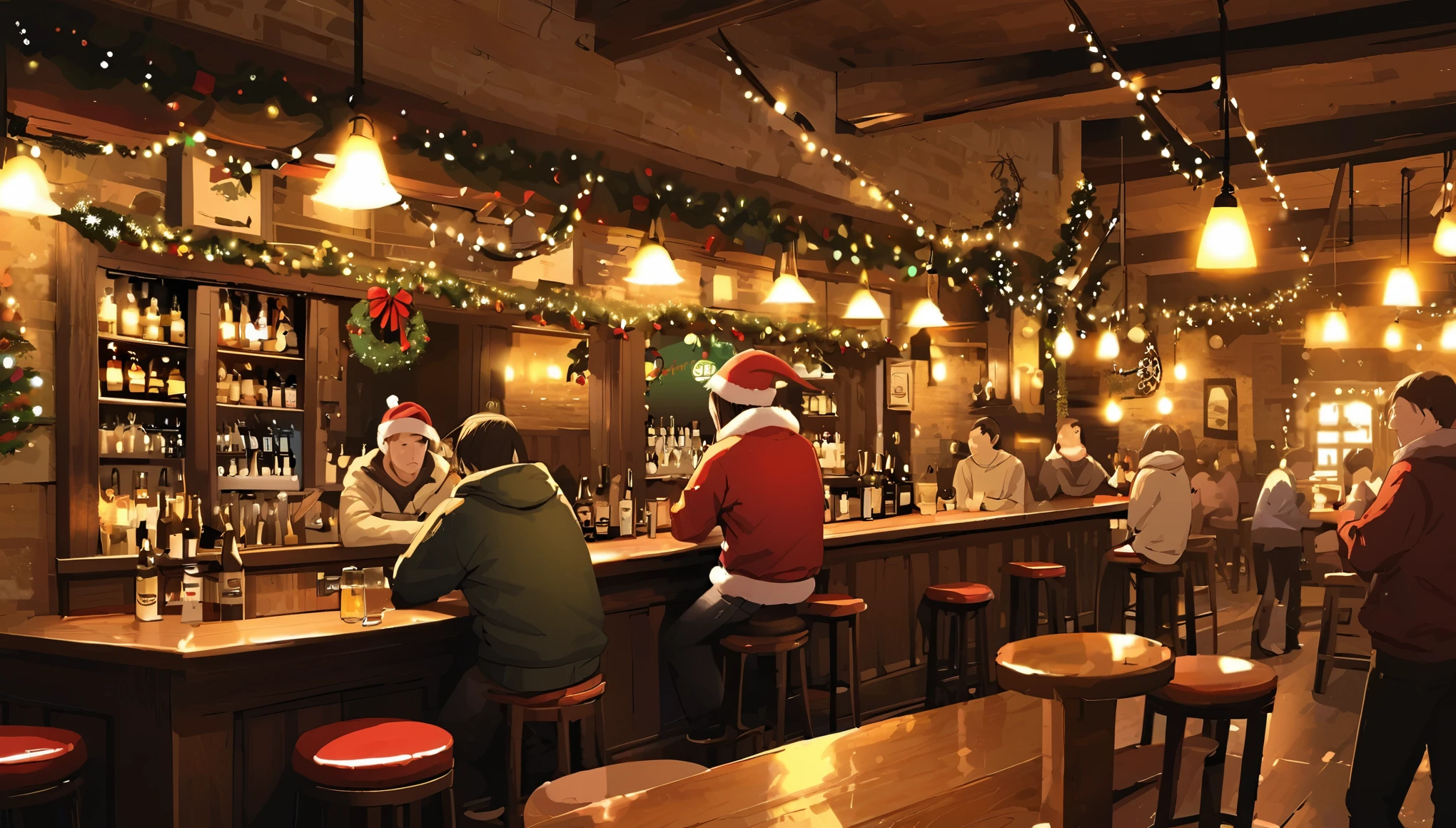  Christmas、night、Inside a pub、There are several customers