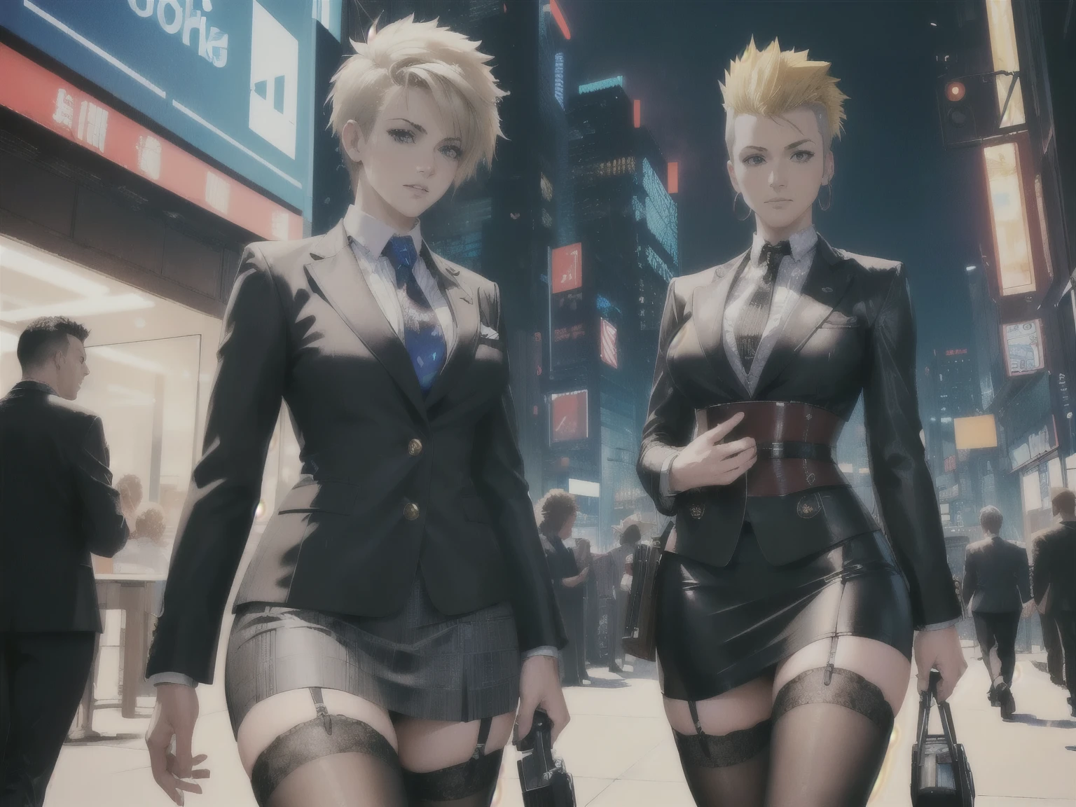 ((best quality, 4k, 8k, highres, masterpiece:1.2, ultra-detailed,Correct Anatomy)),((Woman: mature woman, black eyes, blond hair, Clothing: Gray suit, mini skirt,Garter Stockings)),Wood bass, Country, Rockabilly, Cowgirl,Cowboy hat, (((Male: Businessman, Hairstyle: Mohawk,Clothing: Suit))), (((Two members,Helping with work))),Android, Robot,((cyberpunk)),punk,guitar,drums