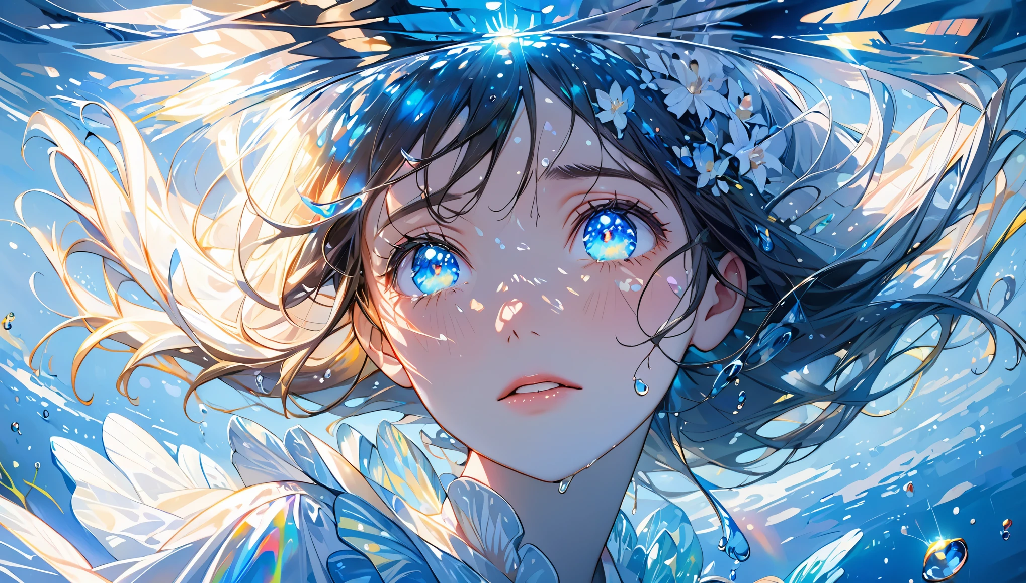 , girl swimming underwater, super detailed rendering style, glow, yellow, blue, brush, surreal oil painting, shining eyes, tears, crying, tearful eyes, head close-up, exaggerated perspective, Tyndall effect, water droplets , mother of pearl iridescence, holographic white, black background,
