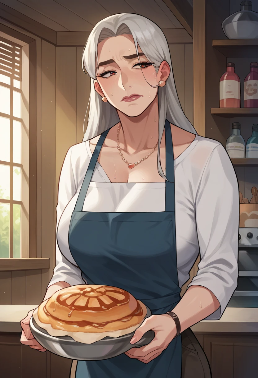 Hyper realistic, grandmother, gilf, mature female, perfect face, perfect lighting, Gray Hair、Long Hair、sexy lips, sexy female, closed mouth, large breasts, sweat,Stand upright、mature female,((Tシャツ、デニム長ズボン、青いapron))