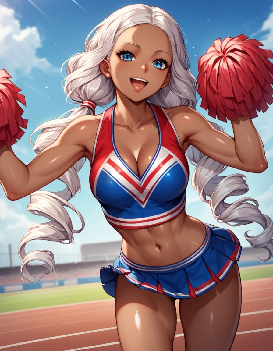 score_9,score_8_up,score_7_up,(source_anime),1girl, white hair, curly hair, parted bangs, dark skinned girl, very dark skin girl, long hair, low twintails, bare forehead, blue eyes, puffy lips, breasts, thighs, young girl, red cheerleader outfit, midriff, microskirt, cleavage, sports field, blue sky, smile, open mouth, shiny skin, (cowboy shot), body upclose, standing