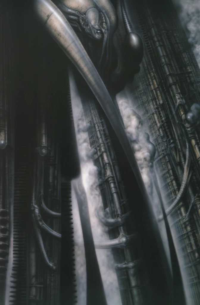 H. R. Giger's g1g3r, , Giger_style, The image is a detailed view of H.R. Giger's \" NY City  \" plate, featuring H R GIGER's biomechanical is a digital artwork featuring  vertical city set against a backdrop of intricate mechanical pipes and wires.. with a glowing light source, dence cloudy mist, strokes of steam. (A haunting and surreal image inspired by the work of H.R. Giger. The artwork depicts a biomechanical corridor, with intricate tubes and pipes snaking along the walls. A strange, organic form, reminiscent of the Alien creature, lurks in the shadows, adding to the sense of unease and mystery. The overall atmosphere is one of darkness, decay, and the unsettling nature of the unknown, best quality:1.4) The artistic manner would be unmistakably Gigeresque. A dark and unsettling beauty would permeate the piece, blurring the lines between fascination and repulsion , forever haunted by the grotesque allure. Giger's signature artistic manner would be evident in every stroke. The artist has used careful linework to depict the contours and textures in the piece, (Triadic:1.1), (Proportion:1.1),  , (Reflected light:1.2), Parchment, ultra detailed, intricate,, dry b (best quality:1.4), H.R. GIGER,  BY GIGER