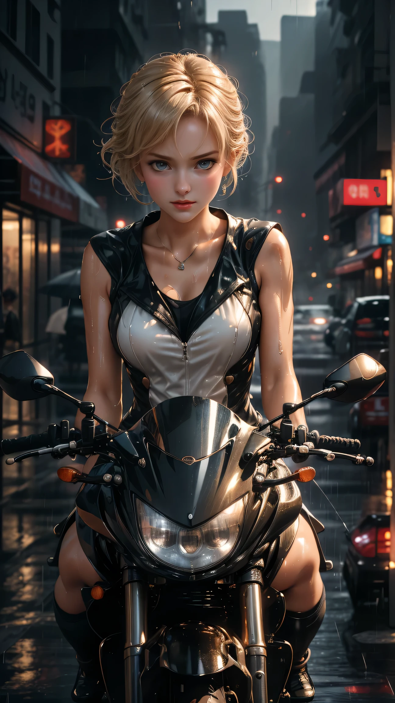 Model Colorful,SteampunkSchematic ,ember ((solo)) with blonde straight short hair , dressed in a green futuristic coat , sits behind the wheel of an unusual motorcycle of the future ! The wheels of the motorcycle are visible , Front light ,,((tmasterpiece)), ((beste-Qualit)) ,(tmasterpiece)), ((beste-Qualit)), Bright colors !? ..3d / photo realism / ,hight resolution,Masterpiece:1.2),Ultra-detailed,(Realistic,Photorealistic,photo-realistic:1.37),,An abundance of colors, breasts little big, Bright colors ,Highly detailed,soft-lighting,