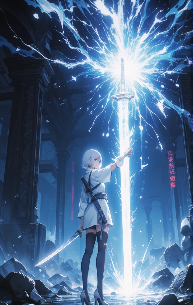 1girl,solo,full body, white hair, short hair,armed,holding 1 japanese katana sword, katana is shining, katana is exploding, the blade emitter burst energy, glow sword,glowing,illusion light,bright,photon mapping,global illumination, translucent,volumetric light, energy burst,heels, white dress, tights, look st viewer , katana raised up, dark background, black background, 