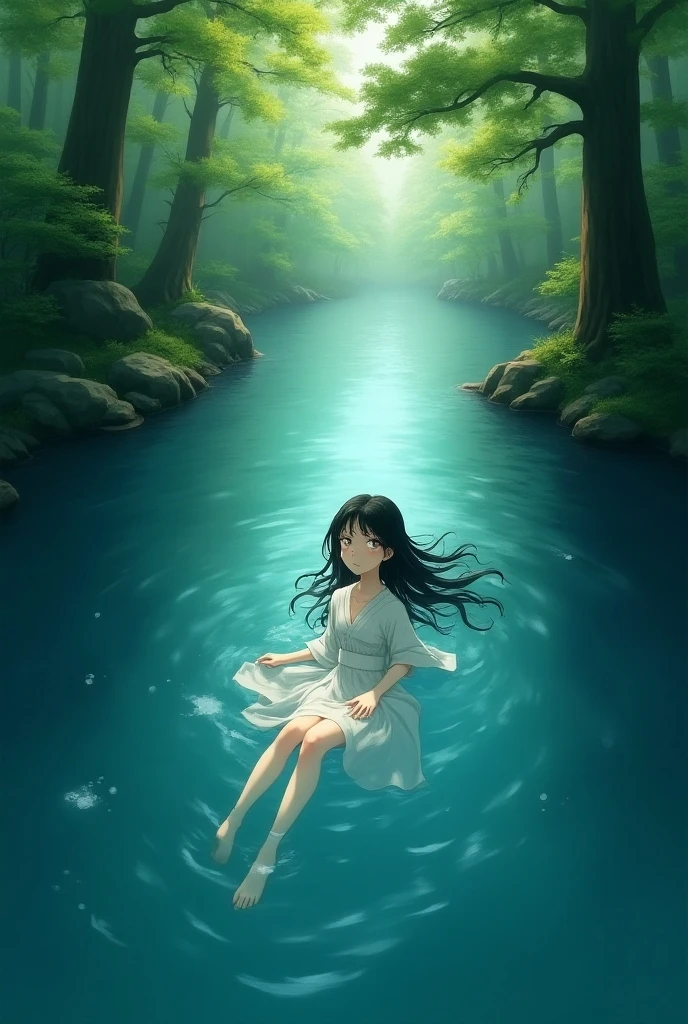 Japanese girl is swimming in the deep of a beautiful river, - SeaArt AI