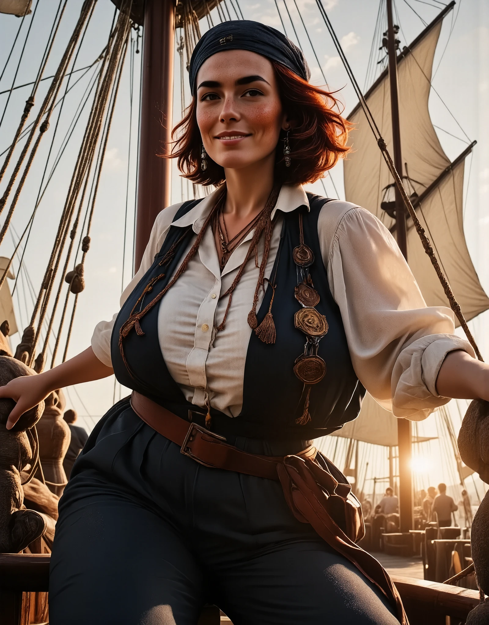 Photorealistic, cinematic style, a picture of a beautiful British woman in a sailing ship's mast, (she's high up in the mast:1.5), she's wearing a sailor outfit from the age of exploration, oversized white blouse, open vest, baggy trousers, sash, pirate bandana wrapped around her hair. She's looking into the horizon. One hand holds on to the ropes of the ship. ((Smiling)). She's got brown eyes, downturned eye shape, light skin and freckles, long reddish-brown hair,  perfect hand,HDR, intricate details. Late afternoon sun, golden hour light
