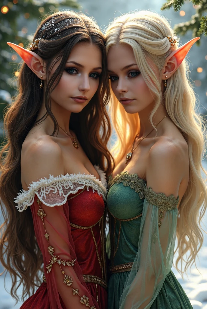 Masterpiece, 2 beautiful mature female elves embracing, chest to chest, beautiful elf dress, braided white hair, ((small)) firm perky breasts, slim athletic body, tall, mysterious expression, fantasy forest, HD, (detailed skin texture:1.1), best quality, ultra high res, (photorealistic: 1.4), Raw photo, by Ellen von Unwerth, Nikon D850 Film Stock Photography, F1.6 Lens, Rich Colors, Realistic, Cinestill 800, backlight, rimlighting, sunlight