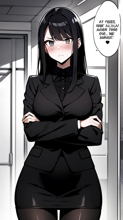 A woman with long black hair, wearing a business outfit consisting of a suit, (pencil skirt), and pantyhose, stands in a monochrome setting. The artwork is inspired by manga and incorporates a doujin style. The woman appears to be (hot of desire with pussy juices), which causes her to feel embarrassed and humiliated, resulting in a blush on her face. In addition, there is an air of anger in her expression. The lighting in the scene is moody, with a spotlight highlighting the woman's figure. She is crossing her arms, (arms crossed), fully showcasing her skirt, medium breasts, anal sex, , hidden penetration