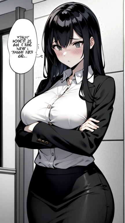 A woman with long black hair, wearing a business outfit consisting of a suit, (pencil skirt), and pantyhose, stands in a monochrome setting. The artwork is inspired by manga and incorporates a doujin style. The woman appears to be (hot of desire with pussy juices), which causes her to feel embarrassed and humiliated, resulting in a blush on her face. In addition, there is an air of anger in her expression. The lighting in the scene is moody, with a spotlight highlighting the woman's figure. She is crossing her arms, (arms crossed), fully showcasing her skirt, medium breasts, anal sex, , hidden penetration