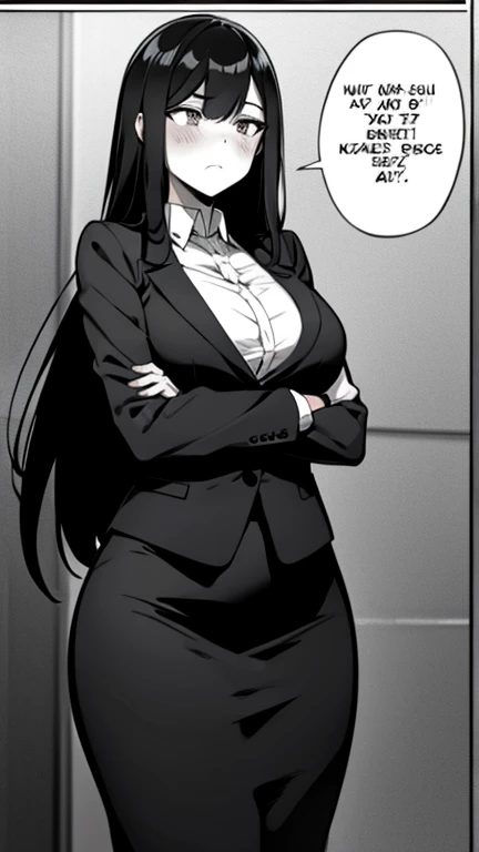 A woman with long black hair, wearing a business outfit consisting of a suit, (pencil skirt), and pantyhose, stands in a monochrome setting. The artwork is inspired by manga and incorporates a doujin style. The woman appears to be (hot of desire with pussy juices), which causes her to feel embarrassed and humiliated, resulting in a blush on her face. In addition, there is an air of anger in her expression. The lighting in the scene is moody, with a spotlight highlighting the woman's figure. She is crossing her arms, (arms crossed), fully showcasing her skirt, medium breasts, anal sex, , hidden penetration