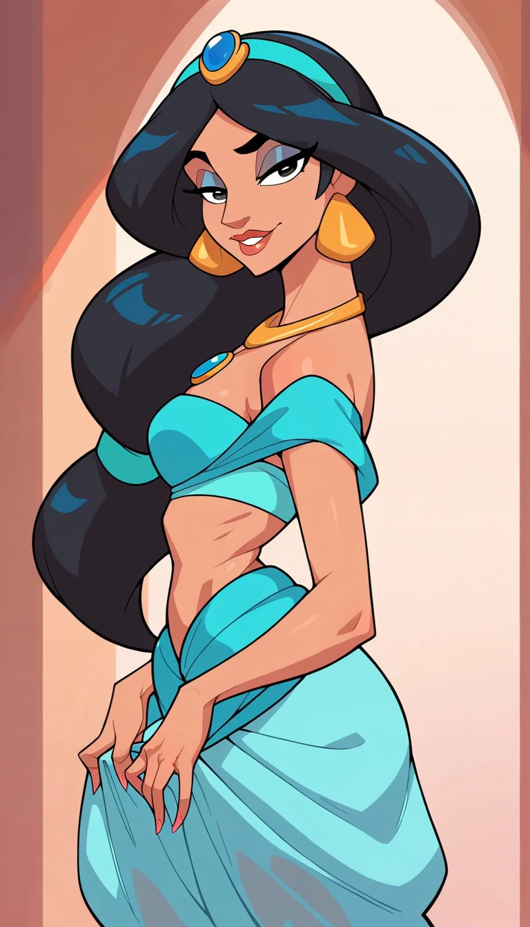 score_9, score_8_up,score_7_up, score_6_up, score_5_up, score_4_up, Princess Jasmine, woman standing in Arabian palace, flirty gesture, half-closed eyes, posing, (best quality, absurd res, ultra detailed), breathtaking,