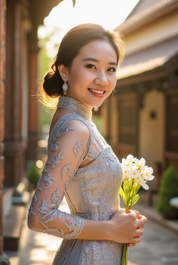 a beautiful girl in luxury silver Thai traditional dress , bare one of her shoulders , on blurred ancient Thai house background, masterpiece, best quality, realistic:1.3, street, cyberpunk, holding bundle of adubon flowers, sunlight, backlighting, ((((hdr)))), intricate scene, artstation, intricate details, vignette