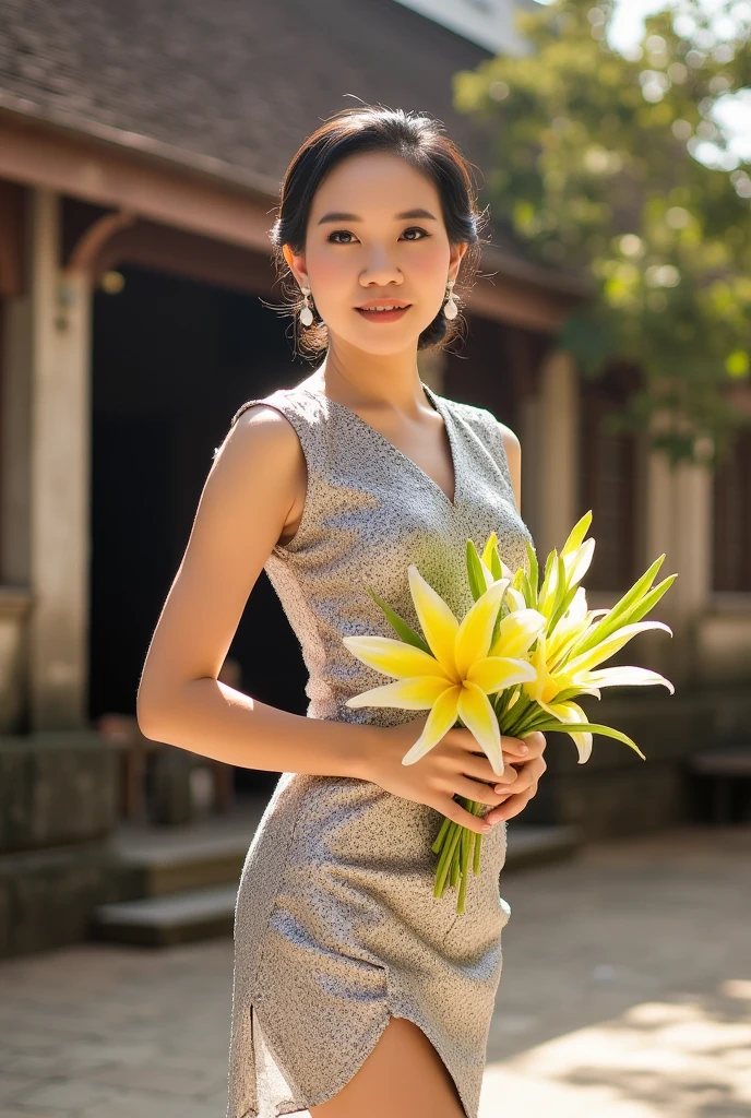 a beautiful girl in luxury silver Thai traditional dress , bare one of her shoulders , on blurred ancient Thai house background, masterpiece, best quality, realistic:1.3, street, cyberpunk, holding bundle of adubon flowers, sunlight, backlighting, ((((hdr)))), intricate scene, artstation, intricate details, vignette