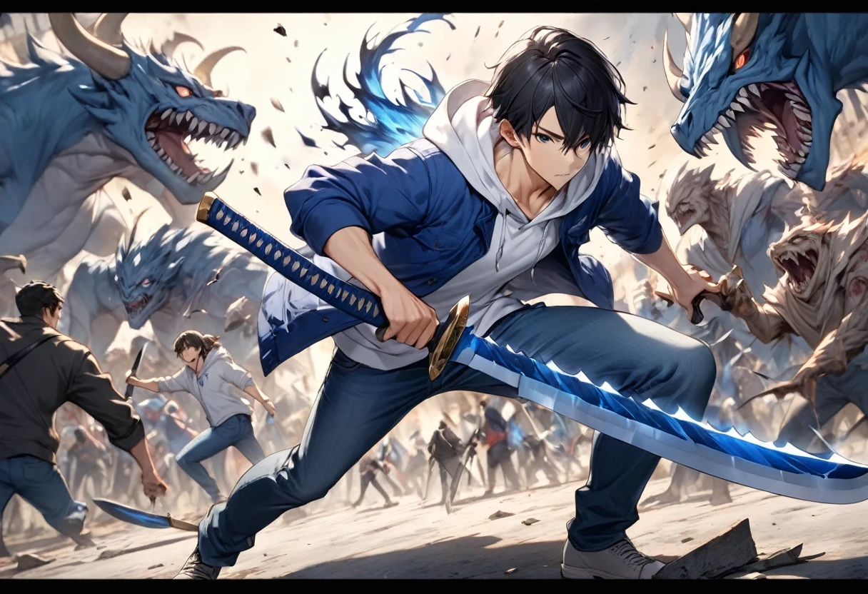  Chopping Knife "Claw " , Bladewers 1 .5ｍ Blue Wild Sword  ,  Japanese sword wearing a sacred pale fighting spirit that has slashed all kinds of monsters since ancient times , Focus on the sword ,  Young Man Wearing a White Hoodie, Blue Jacket, and Jeans"Asuka"is holding , Carcasses of monsters that have been defeated are scattered around, One-handed flatfoot pose with the tip raised horizontally from the shoulder((  motion blur ：2.0,  background blur))