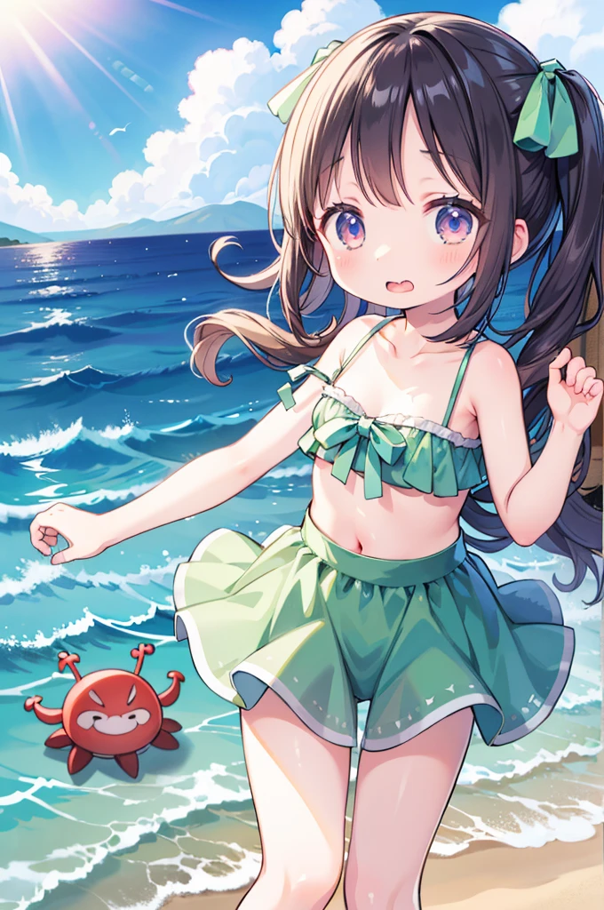 highest quality,masterpiece, Pool,Blue ruffled bikini ,Red eyes, Twin tails, brown hair, bangs, , eyebrows visible through hair, Flat Chest,Swim ring,