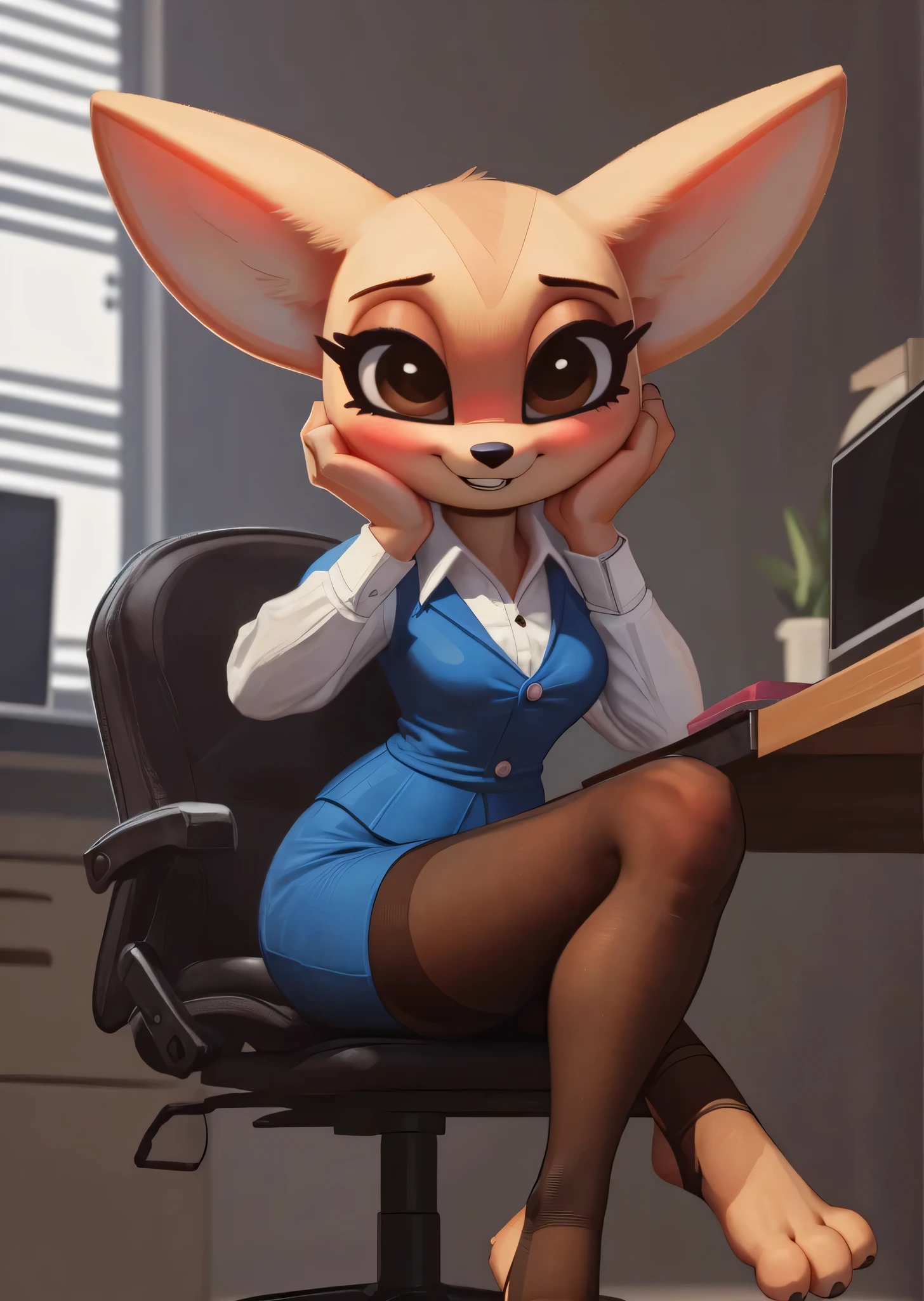 [fenneko], [aggretsuko], [Uploaded to e621.net; (Pixelsketcher), (wamudraws), (siroc)], ((masterpiece)), ((HD)), ((high res)), ((solo portrait)), ((front view)), ((feet visible)), ((cute cartoon aesthetic)), ((detailed fur)), ((detailed shading)), ((beautiful render art)), {(slim figure), (beige fur), (black nose), (cute brown eyes), (long eyelashes), (fluffy tail), (curvy hips), (beautiful legs), (defined feet), (blushing), (cute excited grin)}, {(white button-up shirt), (short blue pencil skirt), (opaque pantyhose), (stirrup socks)}, {(sitting in office chair), (head resting on hands), (looking at viewer)}, [ambient lighting, office cubicals, sun rays]
