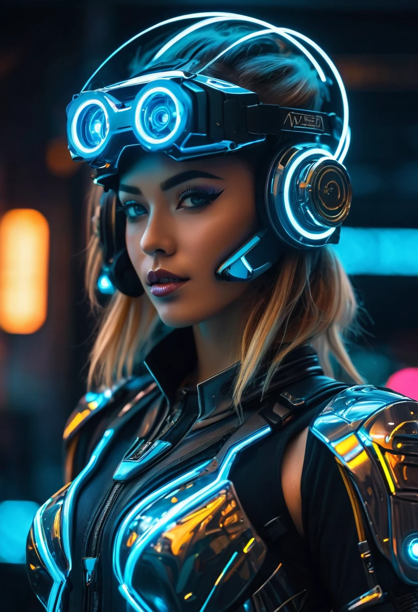full body portrait of a young teenage cyberpunk dystopian female warrior, wearing a futuristic clear mask, detailed face and eyes, gorgeous, freckles, tough penetrating gaze, mechanical bodysuit with glowing neon wires, wielding a futuristic phosphorescent weapon, neon lighting, looking at viewer, digital photography, dof, sharp focus, <lora:zavy-cntrst-sdxl:1>