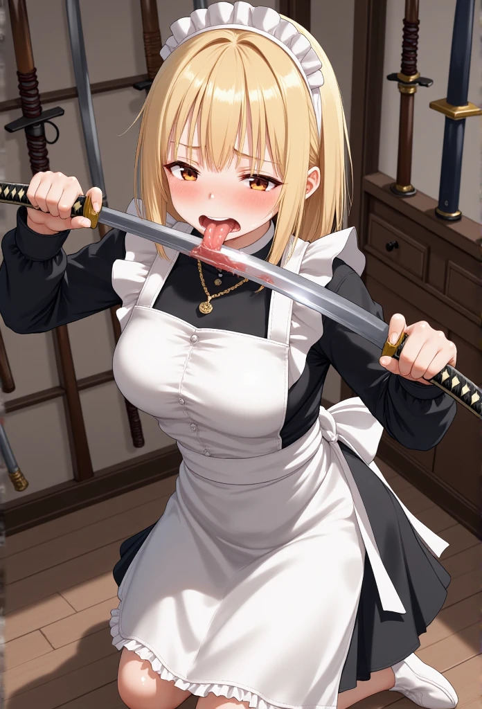 (((She holds the handle of the katana in her mouth and licks reminiscent of fellatio, fellatio,blush,))), illustration, katana, yuki mio, Her name is Yuki mio, idol wars z ,Blonde hair, blunt bangs, medium bob Hair, side hair,straight hair, very kind, Polite , competent, hair covered ears, breast,Voluminous sideburns ,hide ear,brown eye,tareme eye, Droopy eyes,maid clothes, blue maid dress, white apron, pain face, open mouth, Obscene sound effects, BREAK, Background: A historic Japanese house, background many katanas on display, modern Japanese armor on display, 