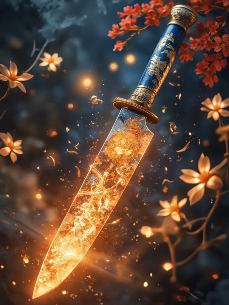 日本knife、knife、knifeに焦点、  Kikuichi characters 、Ame-no-Murakumo Sword、(Glowing Sword)、Takasaki  、fire花、Hot、fire、 is the best quality、masterpiece、 details、  in high resolution