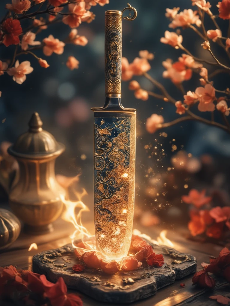 日本knife、knife、knifeに焦点、  Kikuichi characters 、Ame-no-Murakumo Sword、(Glowing Sword)、Takasaki  、fire花、Hot、fire、 is the best quality、masterpiece、 details、  in high resolution