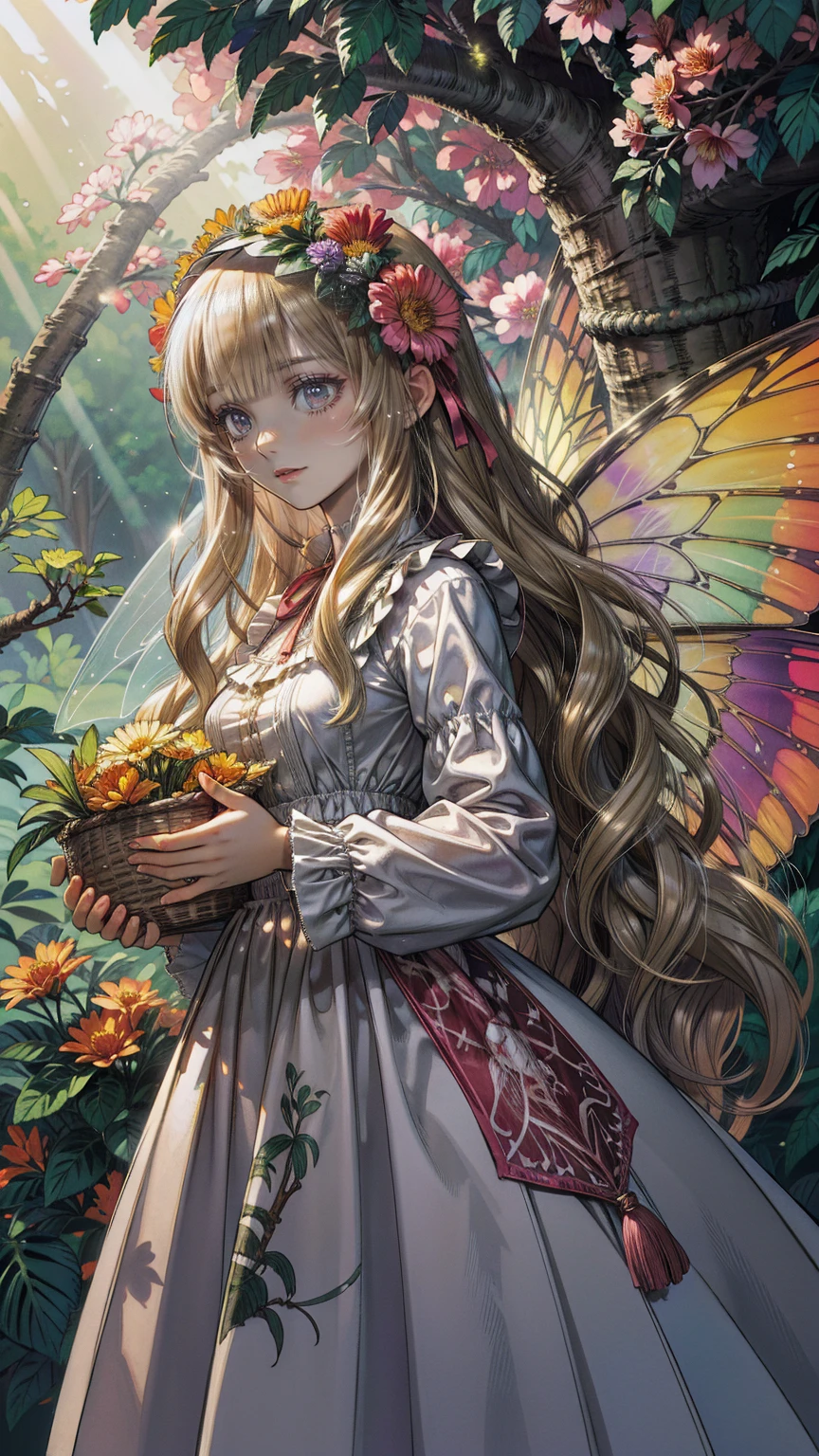  jungle fairy painting , Extraordinary beauty, Elegant beauty, god々A beautiful fairy , (( anatomically accurate: 1.5))  spreading butterfly wings , Blue and purple feathers, Pink Eyes,  glowing eyes, (Super detailed face: 1.2), The most detailed face,  Blonde, Full hair,  wavy hair in front of the station, Attractive dress,  wild dress ,  dress decorated with jungle flowers ,  teeth、巨大なヘリコニアのtreeに座って、 in the rainforest 。, tree々 sunlight shining through between ,  hyperrealism style , Vibrant, 超 high resolution on down,  high contrast , (masterpiece:1.5), Best Quality, Best aesthetics),  maximum details, Best Quality,  high resolution on down, Ultra Wide Angle, 16k, [Super detailed], masterpiece, Best Quality, ( extremely detailed) born,  dress decorated with jungle flowers {x} art style by Chang basket,  fairy tale,  fairy wings ,  dress decorated with jungle flowers {x} art style by Chang basket 