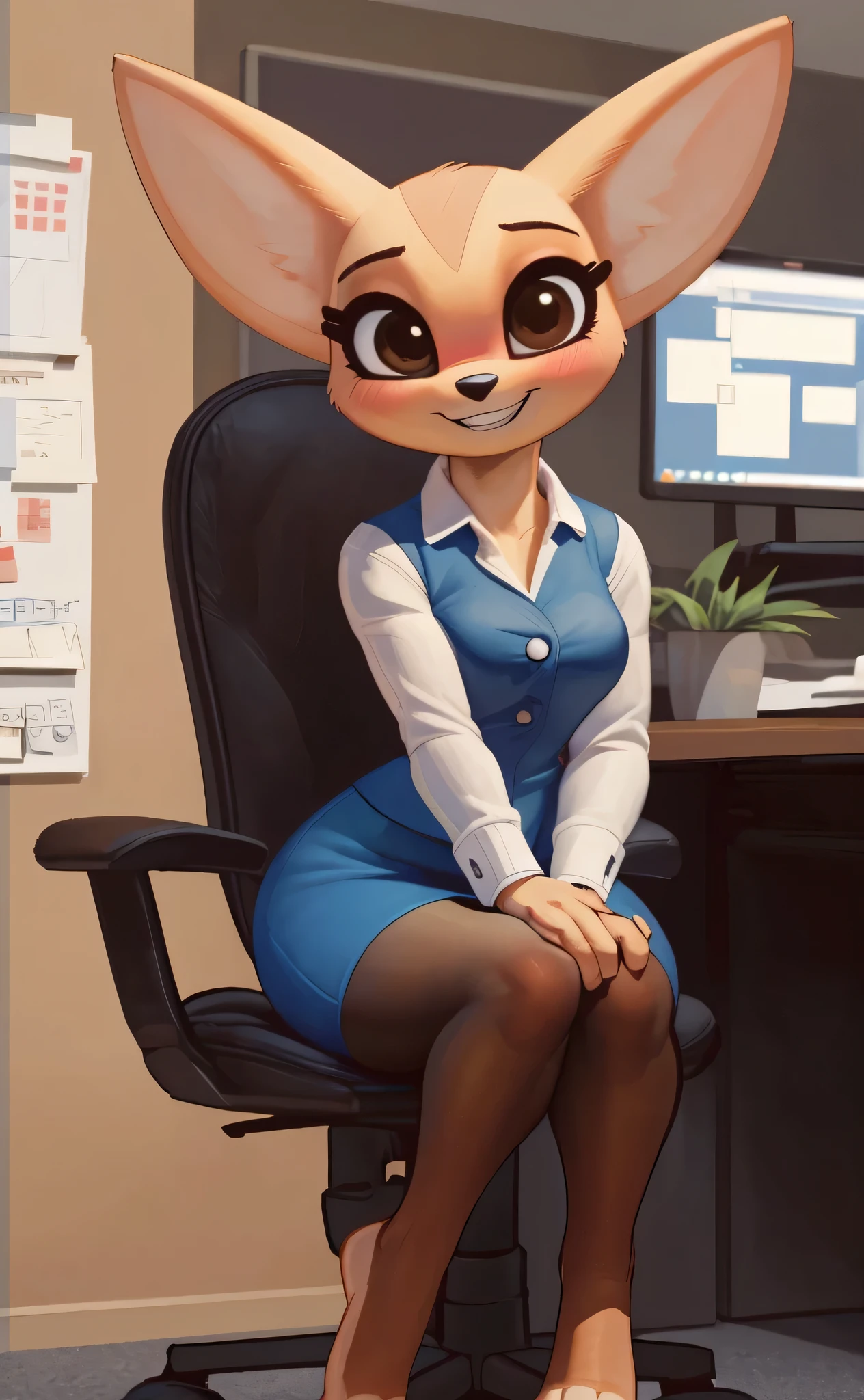 [fenneko], [aggretsuko], [Uploaded to e621.net; (Pixelsketcher), (wamudraws), (siroc)], ((masterpiece)), ((HD)), ((high res)), ((solo portrait)), ((front view)), ((feet visible)), ((cute cartoon aesthetic)), ((detailed fur)), ((detailed shading)), ((beautiful render art)), {(slim figure), (beige fur), (black nose), (cute brown eyes), (long eyelashes), (fluffy tail), (curvy hips), (beautiful legs), (defined feet), (blushing), (cute excited grin)}, {(white button-up shirt), (short blue pencil skirt), (opaque pantyhose), (toeless socks)}, {(sitting in office chair), (hands in lap), (looking at viewer)}, [ambient lighting, office cubicals, sun rays]
