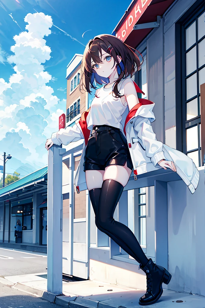 whole body,Cool beautiful girl, Slim Body 、 SOFT WHITE COAT,Sky Blue T-Shirt、 black hotpants,Leather boots、Cool Summer,Slightly pale skin,Bright brown eyes,Red brown hair color(Semi-D), hairpin