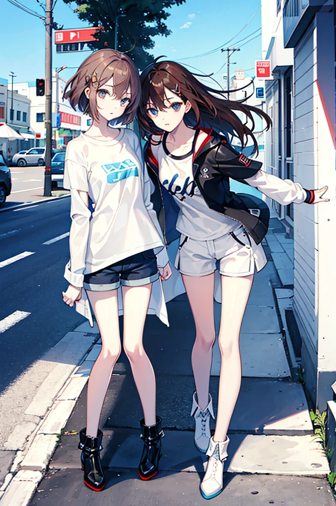 whole body,Cool beautiful girl, Slim Body 、 SOFT WHITE COAT,Sky Blue T-Shirt、 black hotpants,Leather boots、Cool Summer,Slightly pale skin,Bright brown eyes,Red brown hair color(Semi-D), hairpin