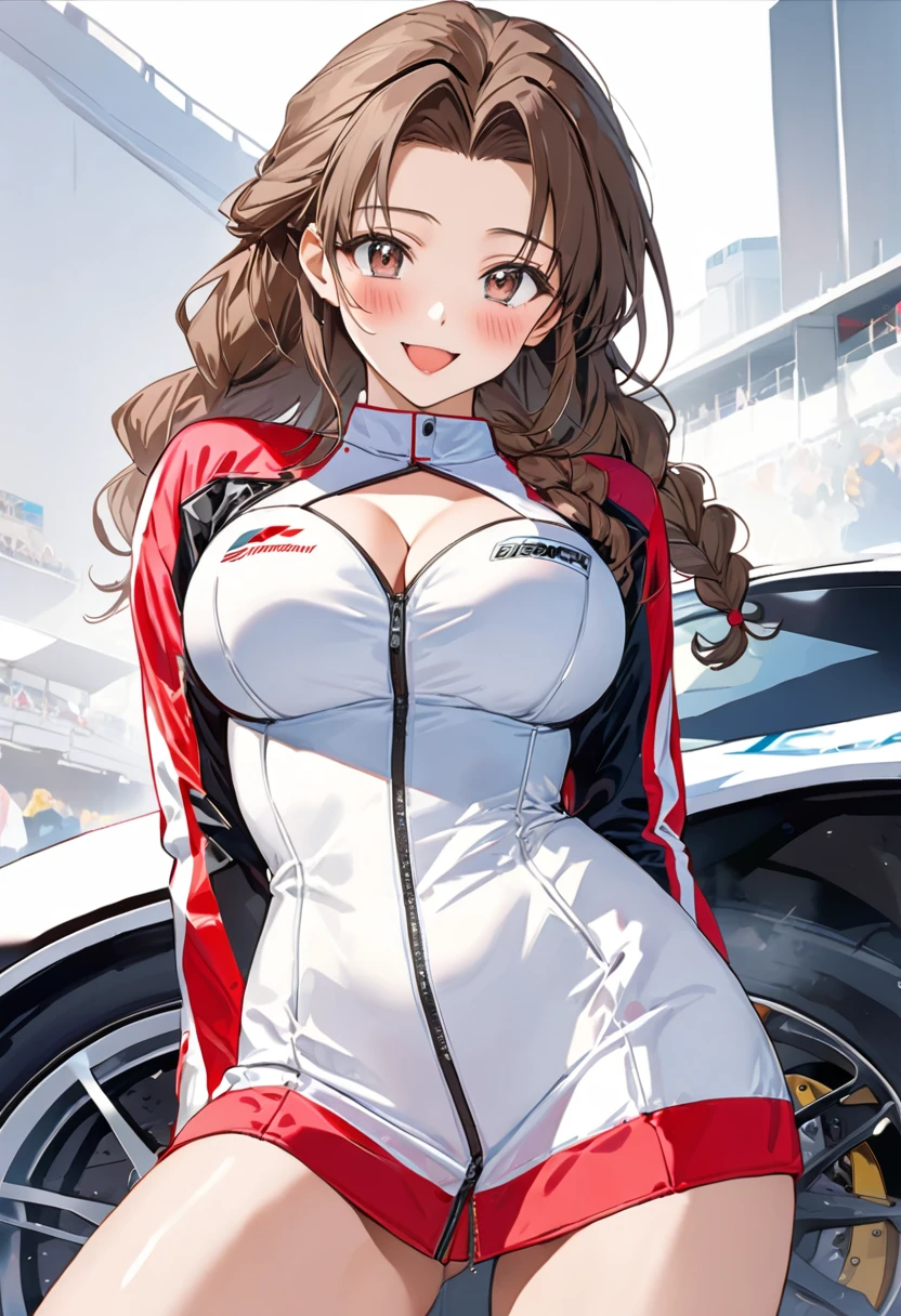 masterpiece, Best Quality, High resolution,16k,official art,super detailed skin,detailed,animated painting,(Aerith Gainsborough),1990s \(style\),(E-cup beautiful breasts)、 (tall:1.2),height: 175cm,Fashion model body type、Sexy long legs,Brown Hair,forehead,up bang hair,center parted swept bangs,wavy sidelocks,solo braid、race queen,(race queen costume:1.5),Muscular,1girl、BRAKE(ahegao:1.2),(Vulgar:1.2),(So stupid:1.1),(orgasm:1.2),happy,smile、Shy、Shyness,Cool look,blush,Anime-style painting style,(closeup),gigantic scale,A composition that shows the full body,cinematic lighting,Superfine,(simple white background:1.5)、(sexy:1.5),Gazing into the distance,, Captivating look, (Amazing views:1.1) ,dynamic angle,sexy pose,