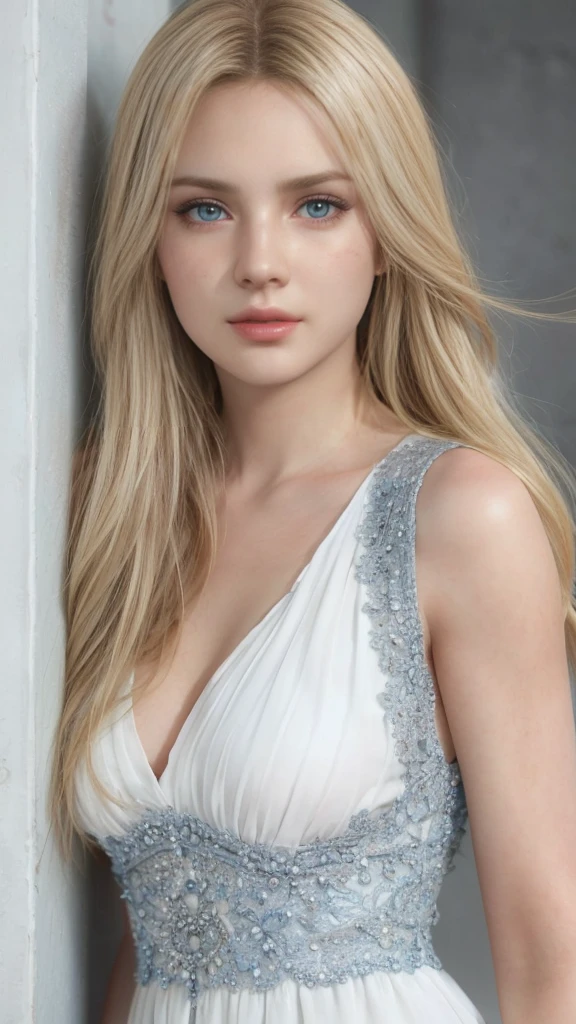 masterpiece, Ultra realistic, 16k, high quality, incredibly detailed, dream aesthetic, dream atmosphere, cinematic, work of art, (sharp focus: 1.5), (photorealistic: 1.3), featured (Beautiful hot girl), pretty delicate girl (Princess), cinematic, detailed, 16k sharp focus, realistic. Gorgeous. Seductive. Natural pale-blond hair (realistic texture), illuminated silky and shiny hair, detailed hair (realistic), (natural) very pale-golden hair. gorgeous detailed face (charming seductress). flushed cheekbones (Rosy cheeks), framing her pale, (pale-white skin) alabaster skin that seems to glow ethereally. Her attire is goth. Voluptuous form. Turquoise blue eyes (intense eyes look). A symmetrical face ::2 goth clothes + trending on artstation + fantasy art + realistic cloth + fractals in the background, flowing hair --aspect 9:21 --uplight his otherworldly beauty. realistic skin texture, pale-white skin illuminated. realistic perfect shading. absurdres, realistic textures. solo, alone, 1girl. looking at viewer. female muscular body, toned body, defined muscles. Large natural breasts, cleavage. pantyhose, a (white) royal queen dress adorned in gold (realistic texture). In Different positions at different angles. Day background. unbelievably real, best quality, Photorealistic.