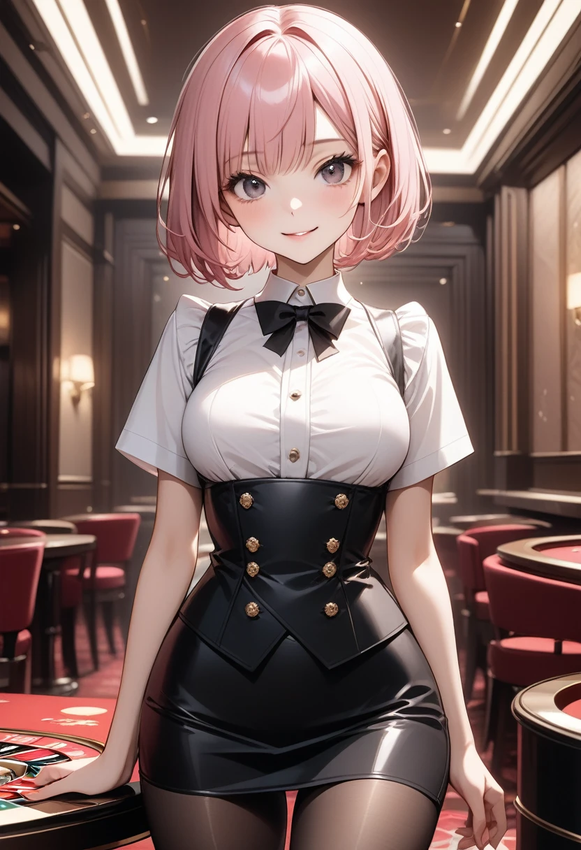 high-level image quality、Golden Eyes、 Pink Short Bob、Bangs at the top of the eyebrows、short bangs、Cafe clerk costume、waitresses、Dark Tone、A slight smil, Vibrant colors、The upper part of the body, Delicate drawing、