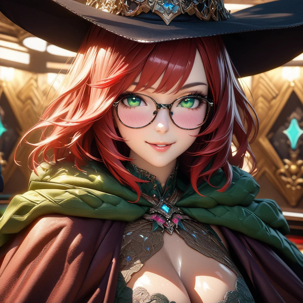 figure, glasses, redhead, green lace lingerie, sexy pose, big breasts, smile, green witch hat, short hair