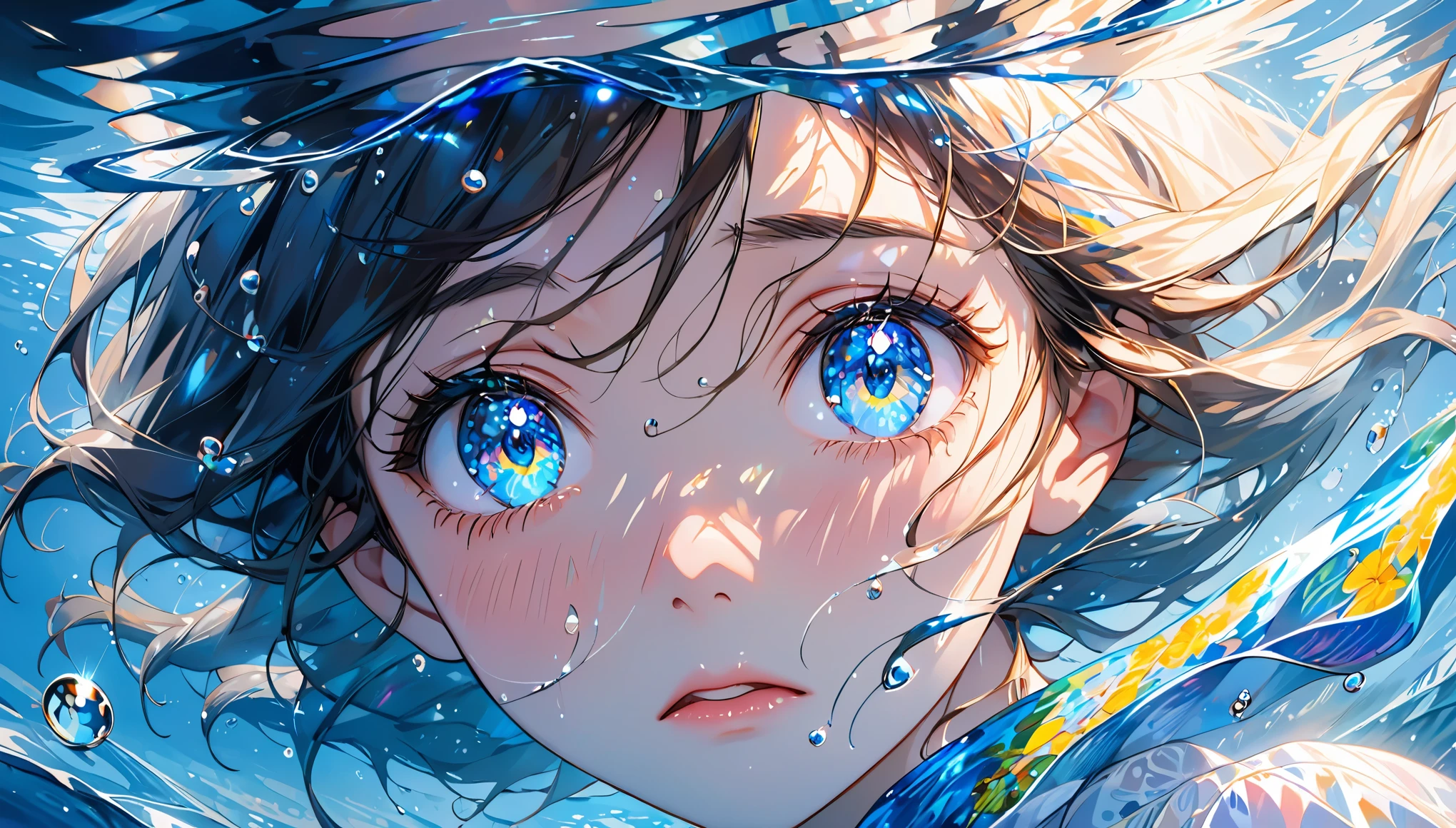 , girl swimming underwater, super detailed rendering style, glow, yellow, blue, brush, surreal oil painting, shining eyes, tears, crying, tearful eyes, head close-up, exaggerated perspective, Tyndall effect, water droplets , mother of pearl iridescence, holographic white, black background,