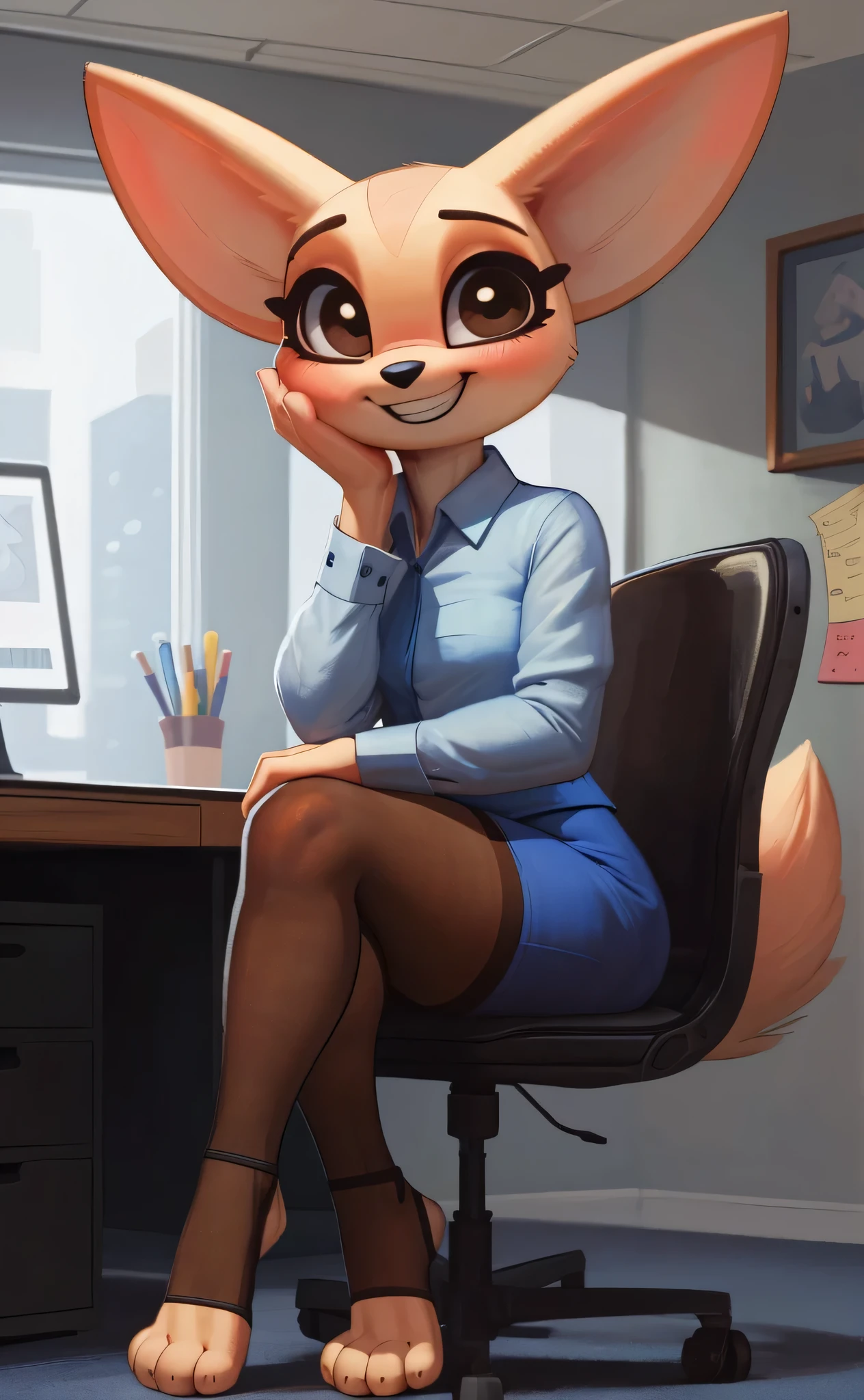 [fenneko], [aggretsuko], [Uploaded to e621.net; (Pixelsketcher), (wamudraws), (siroc)], ((masterpiece)), ((HD)), ((high res)), ((solo portrait)), ((front view)), ((feet visible)), ((cute cartoon aesthetic)), ((detailed fur)), ((detailed shading)), ((beautiful render art)), {(slim figure), (beige fur), (black nose), (cute brown eyes), (long eyelashes), (fluffy tail), (curvy hips), (beautiful legs), (defined feet), (blushing), (cute excited grin)}, {(white button-up shirt), (short blue pencil skirt), (opaque pantyhose), (stirrup socks)}, {(sitting in office chair), (head resting on hands), (looking at viewer)}, [ambient lighting, office cubicals, sun rays]
