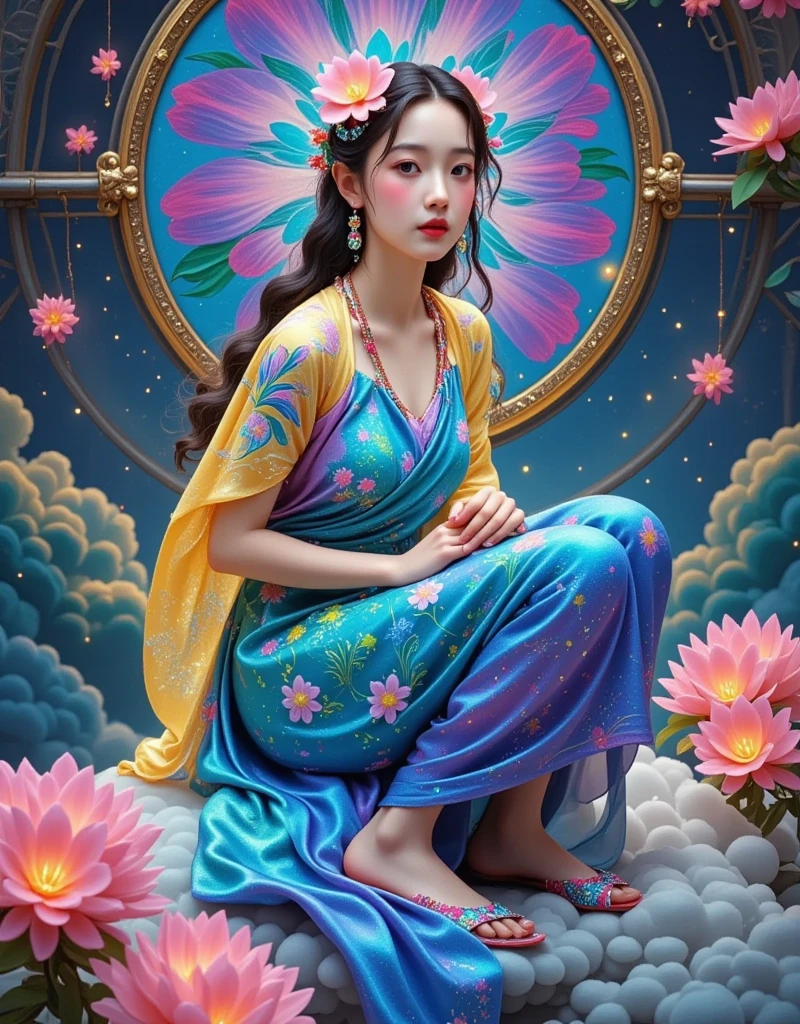 （masterpiece， best quality ：1.2），solo， Glittering Hanfu Girl ， wrapped in liquid light elements ， The Kawaii aesthetic style 。 reflects the deep connection with the essence of Chinese culture and fairy tales {x} The intricate details twist the integration of traditional Chinese themes with whimsical modernity song。 Warm and energetic sunshine kiss palette 