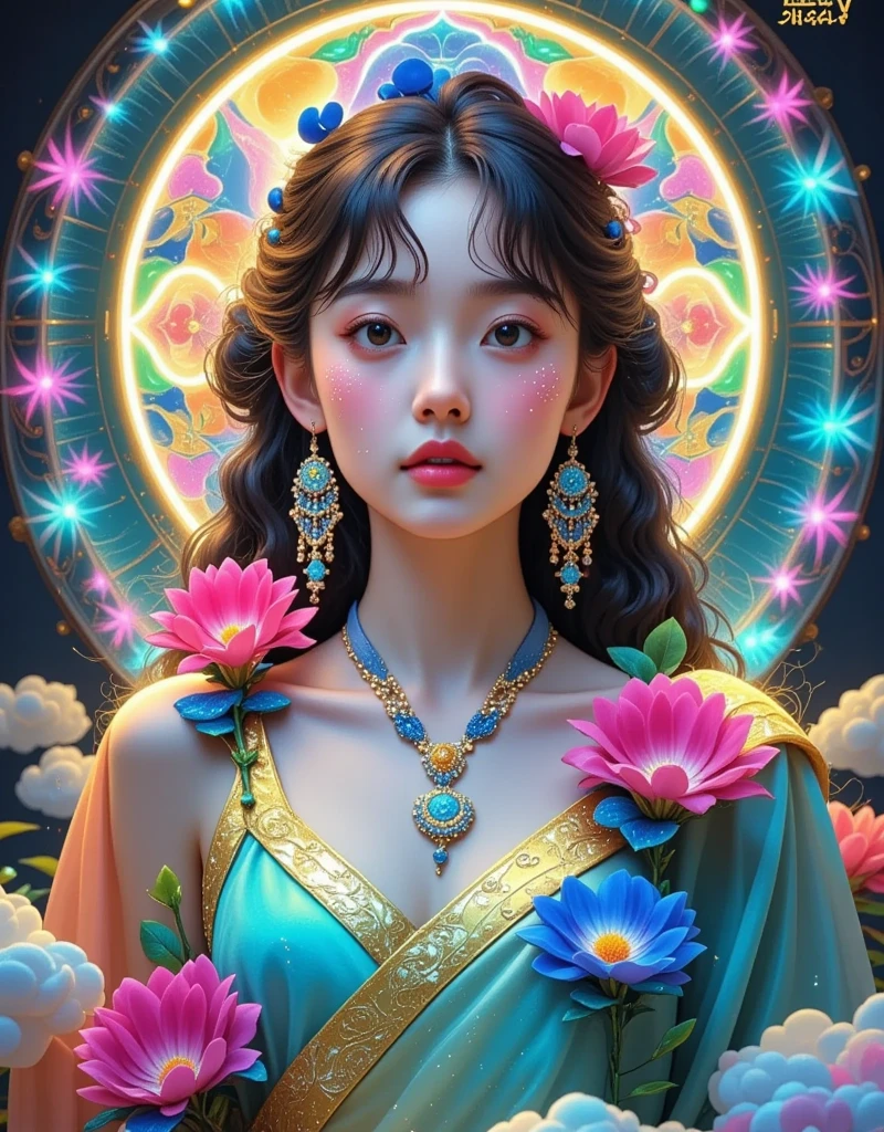 （masterpiece， best quality ：1.2），solo， Glittering Hanfu Girl ， wrapped in liquid light elements ， The Kawaii aesthetic style 。 reflects the deep connection with the essence of Chinese culture and fairy tales {x} The intricate details twist the integration of traditional Chinese themes with whimsical modernity song。 Warm and energetic sunshine kiss palette 