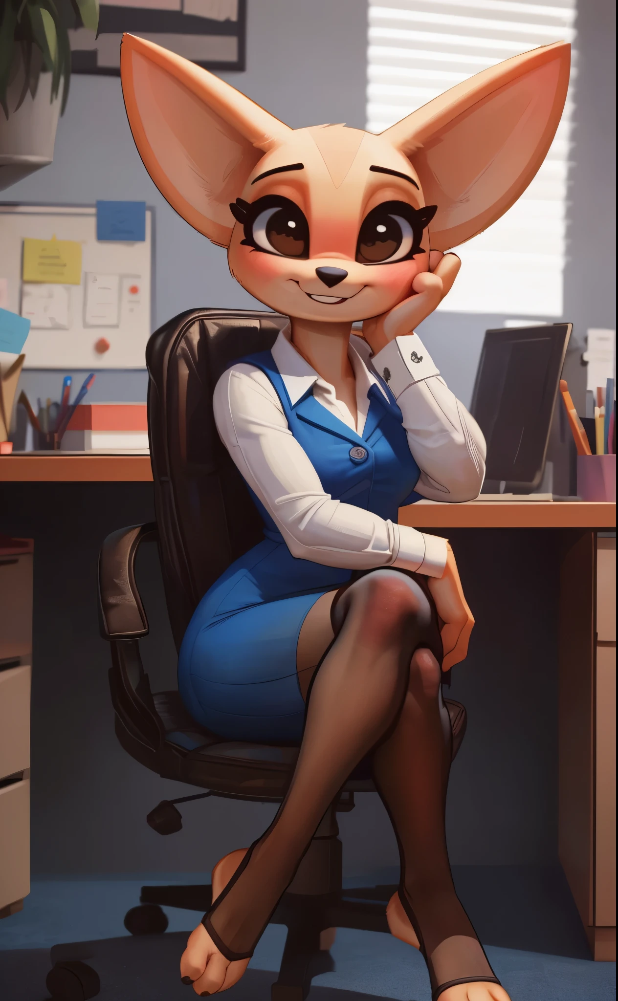 [fenneko], [aggretsuko], [Uploaded to e621.net; (Pixelsketcher), (wamudraws), (siroc)], ((masterpiece)), ((HD)), ((high res)), ((solo portrait)), ((front view)), ((feet visible)), ((cute cartoon aesthetic)), ((detailed fur)), ((detailed shading)), ((beautiful render art)), {(slim figure), (beige fur), (black nose), (cute brown eyes), (long eyelashes), (fluffy tail), (curvy hips), (beautiful legs), (defined feet), (blushing), (cute excited grin)}, {(white button-up shirt), (short blue pencil skirt), (opaque pantyhose), (stirrup socks)}, {(sitting in office chair), (head resting on hands), (crossed legs), (looking at viewer)}, [ambient lighting, office cubicals, sun rays]
