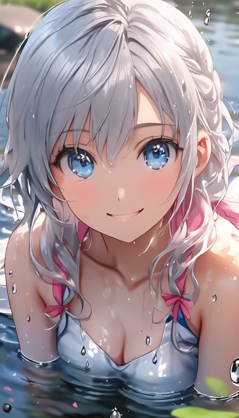 Ayaka, Wet, maceration, (Best Quality,4K,8k, high resolution on down,masterpiece:1.2),Super detailed,(,Realistically,Realistically:1.37), Gray Hair,  giant bourosal title blue eyes, pink，wet，Sitting on a lakeside rock ， facing the camera，  Water Drops Falling ,  shiny skin， sweaty ， something unknown in the body ，Happy smile, Medium Breast,  school uniform  