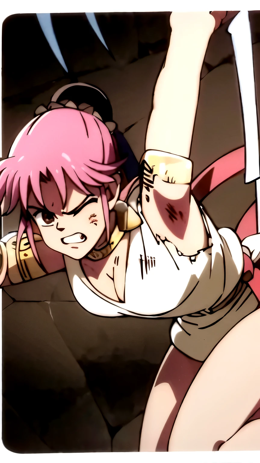 (Best Quality, masutepiece), 1girl in, HxHmachi, 1girl in, Solo, Pink hair, (Ponytail), White Japan cloth, large full breasts、Wearing sweat、(opened breast:1.1), agony、(((Tears flow, Crying in frustration)), (BDSM), contempt, muscle, large boob,lotion, 独奏、Spread your legs、Crab crotch、Lusting、hard breathing、Sex Expressions、a large amount of cloudy liquid drips from the genitals、(((masturbation、plunging the vibrator into the genitals yourself)))srestrained, ((straddling the iron bar)),(tied perfectly by chain), Restraint, Slave, collars, contempt, (Chained), ((Chains digging into the crotch)), Squirting, Breast milk, Lusting、hard breathing、Sex Expressions、a large amount of cloudy liquid drips from the genitals、Drill Vibe、The machine is violently moving the genitals in and out、the presence of vibrators on the genitals,,,Drill Vibe Machine
