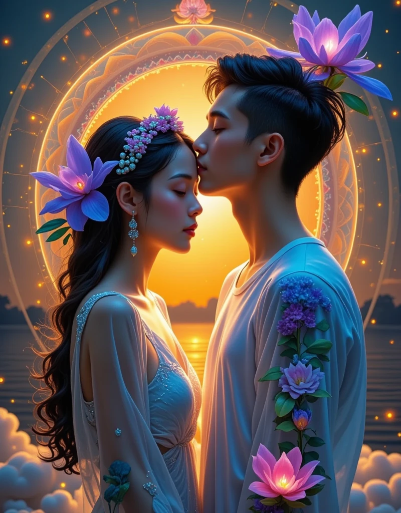 double exposure，Backlight，Silhouette，Silhouette，Sunset，Man kissing woman&#39;s forehead，空中巨大男女人物Silhouette， surrealism， Movie Footage ，Weird fairy tales，Portrait Photography。mystery，peaceful，hazy