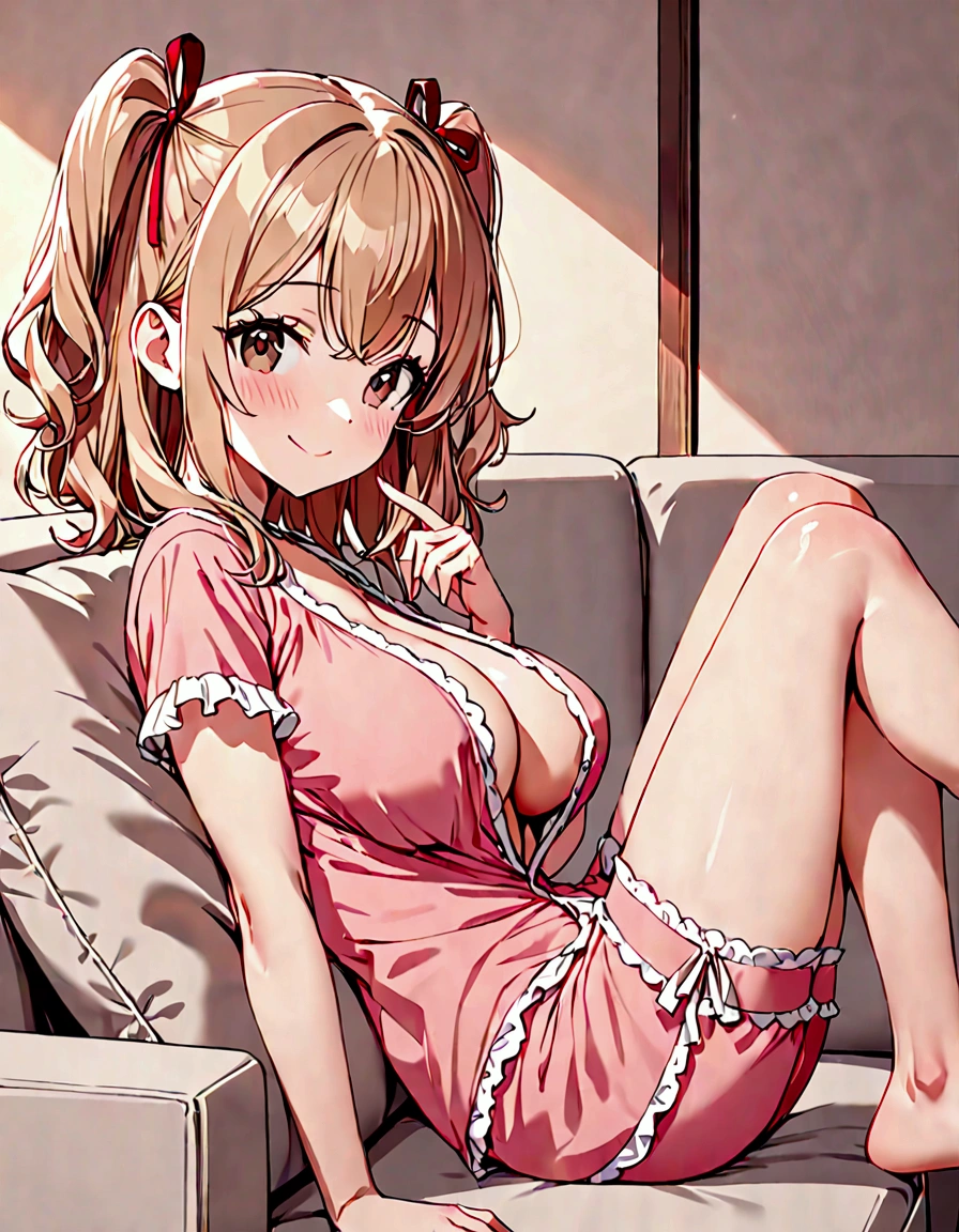 (masterpiece)(best quality)(ultra detailed)(high resolution)(delicate touch),solo, petite girl, light brown hair medium hair wave hair, two side up with ribbon, dark brown eyes, large breasts, mischievous smile, sleepwear with front opening, short leggings, barefoot, upper body above knees, indoors, from side, relaxing in sofa,