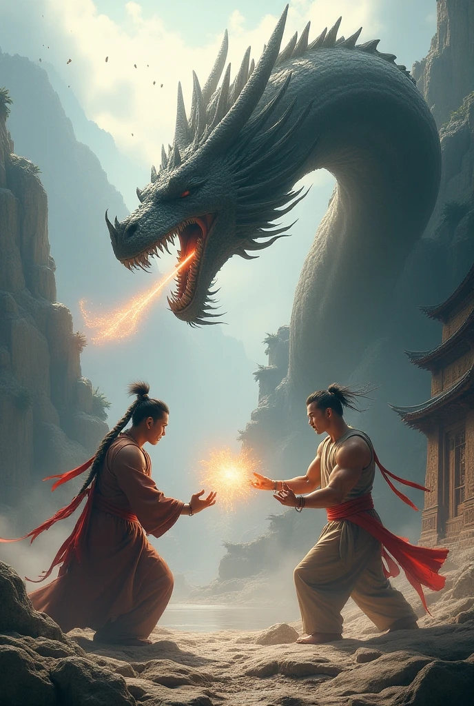 man and woman both playing mahjong board in the middle of the forest, then 2 black dragons want to burn them because they found black symbol of the mahjong