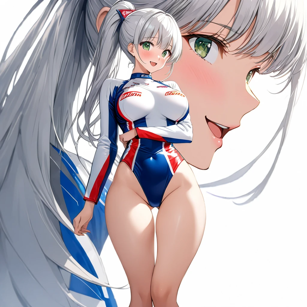 masterpiece, Best Quality, High resolution,16k,super detailed skin,detailed,animated painting, Takarada Rikka ,1990s \(style\),(G cup beautiful breasts)、25years old, (tall:1.2),height: 175cm,Sexy long legs,Fashion model body type,Long Hair,ponytail,Silver Hair,green eyes,gold simple choker,race queen,(race queen costume:1.5),Muscular,1girl、BRAKE(ahegao:1.2),(Vulgar:1.2),(So stupid:1.1),(orgasm:1.2),happy,smile、Shy、Shyness,Cool look,blush,Anime-style painting style,(closeup),gigantic scale,A composition that shows the full body,cinematic lighting,Superfine,(simple white background:1.5)、(sexy:1.5),Gazing into the distance,, Captivating look, (Amazing views:1.1) ,dynamic angle,sexy pose,