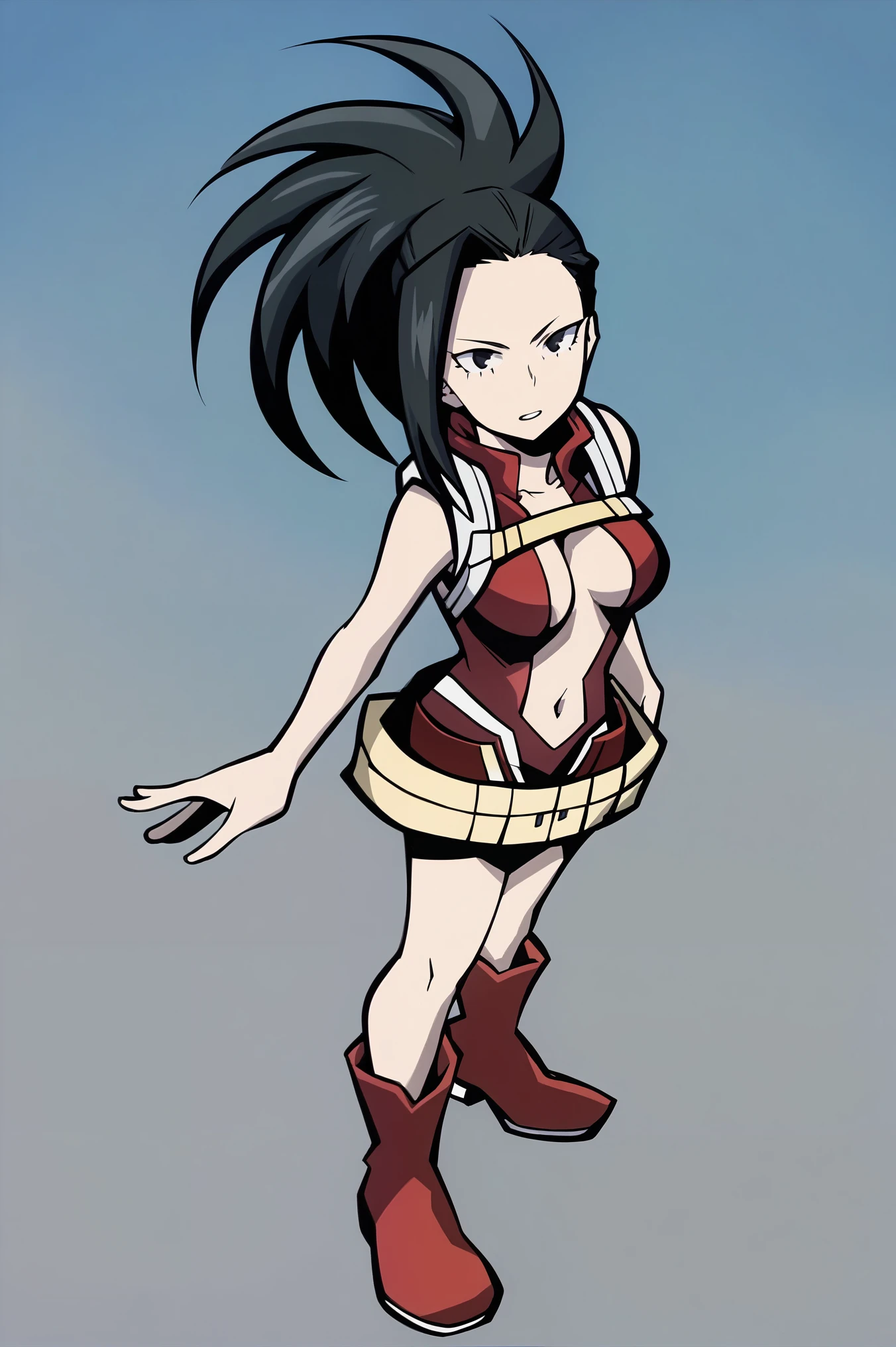 score_9, score_8_up, score_7_up, score_6_up, (masterpiece: 1.0), best quality, BREAK, TWEWY style, 1girl, yaoyorozumomo, black eyes, black hair, ponytail, long hair, hair pulled back
center opening, cleavage, red leotard, hero outfit, navel, red boots