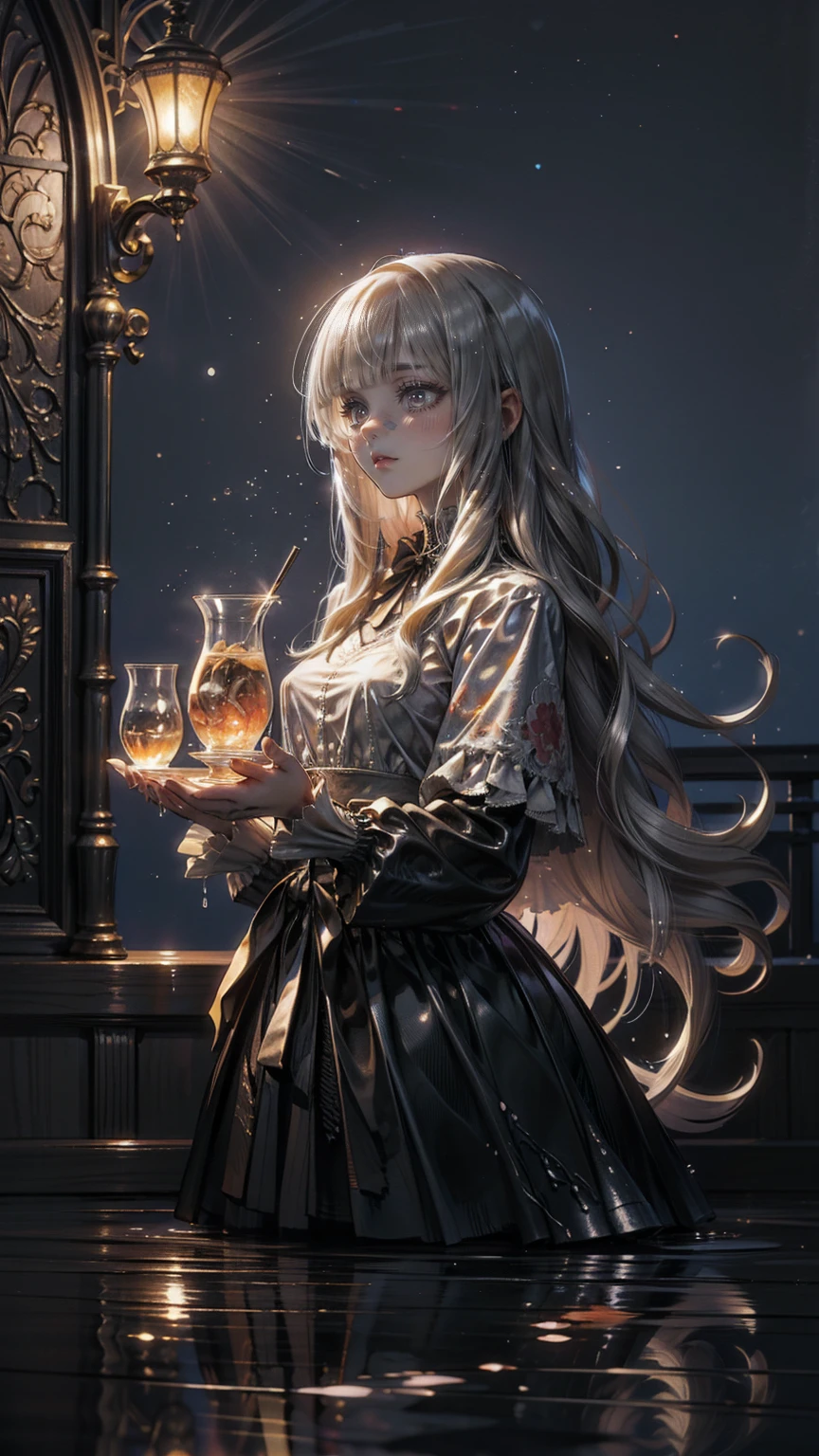 By Alan Paterson inspired girl Arlequina + AVRIL Lavigne Elvgrin, and Jorge Jimenez. Portrait front view of a girl standing in a mystical marketplace, with yellow + silver hair in a flowing ponytail, in a dynamic pose, she is holding a glass of bubbling potion out to the viewer, in the background are busy vendors, and magical light and smoke from the various market stalls. trending on artstation, sharp focus, studio photo, intricate details, highly detailed,