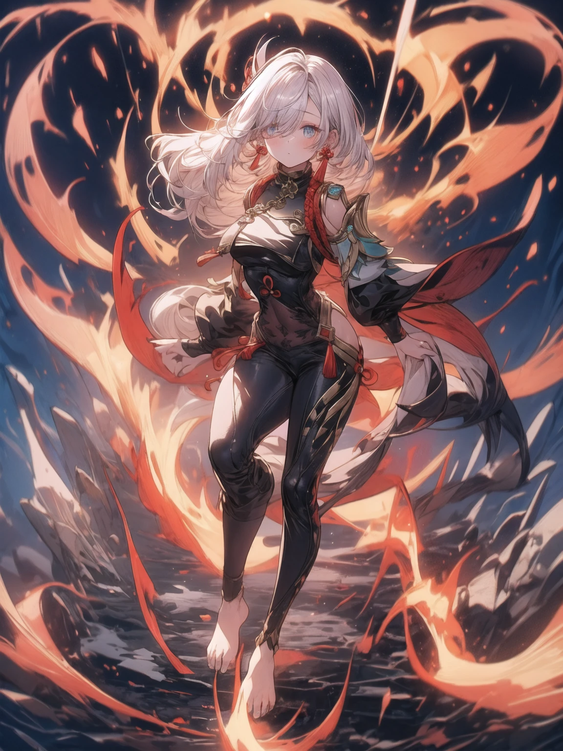 8k,tmasterpiece,melhor qualidade de imagens, tmasterpiece, ultrahigh-resolution, (Fidelidade:1.4)Garota,olhos de cor azul,olhos com fogo,beautiful face,Olhos bonitos,Segurando uma katana vermelha escura(The blade carries a roaring flame),(translucent body,Reflexo da pele),(((master part))), (((melhor qualidade))), ((ultra-detalhado)), (illustration), (luz detalhada), ((um extremamente delicado e bonito)),The surface of the skin is smooth, (highdetailskin:1.2),Proper body proportion、Anatomia Perfeita,Intricate tights、Espartilho de seios grandes、terno apertado,(clothes translucent)20 anos de idade,The rear mech is ready,There are a lot of blue flames around the figure
