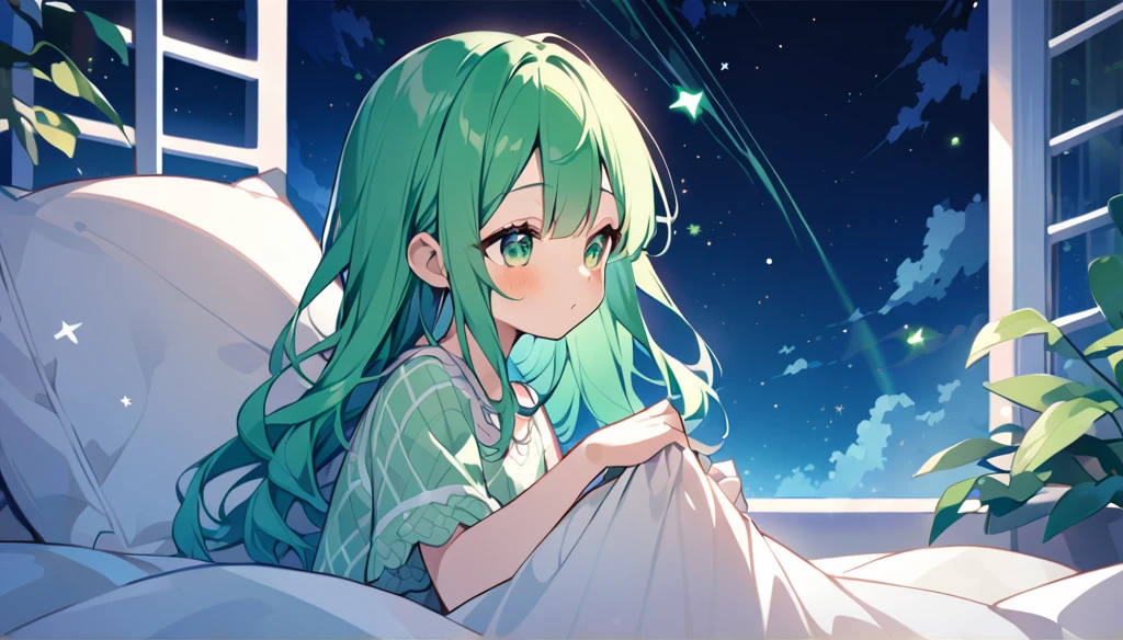 green silk pillow 、Pillow rubbing、 green long wave hair、night、In a dream、 lots of stars